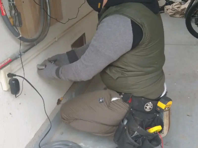 Electrician performing outlet wiring in a Broomfield garage